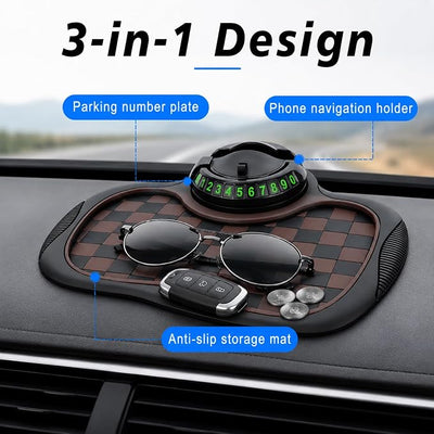 Multifunctional Car Anti Slip Mat, 360° Rotatable Phone Holder Dashboard Pad with Temporary Parking Number, Anti Skid Organizer for Phones Sunglasses Keys (Black & Brown)