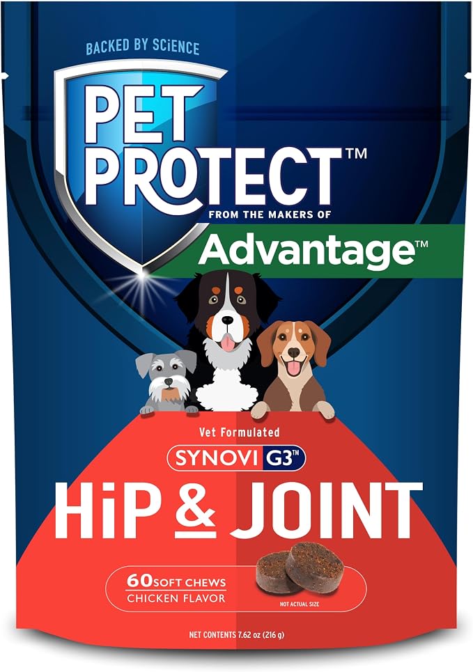 Dog Hip & Joint Supplement for Occasional Joint Stiffness, Vet-Formulated Synovi G3, Dog Glucosamine, Chicken-Flavored Soft Chews (60 Count)