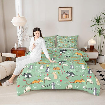 Erosebridal Kids Rat Comforter Set, Mouse Rodents Bedding Set Queen Size, Funny Animal Love Heart Duvet Sets for Boys Girls Children Bedroom, Cartoon Style Duvet Insert Decorative Room, Green