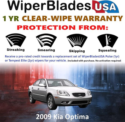 WiperBladesUSA Wiper Blades Set w/ 1yr warranty compatible with Kia Optima 2009 Wipers (Set of 2) Pulse Wipers