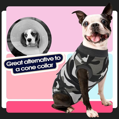 FUAMEY Dog Recovery Suit Male,Dogs Surgery Neuter Suits Puppy Spay Shirts for Female Protect Dog's Skin Anti Licking Abdominal Wounds Doggie Onesie Pet Bodysuit Alternative to Cone Grey Camouflage S