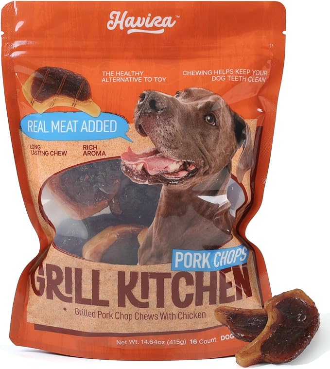 BBQ Dog Treats Baked Pork Chop 16 Count, Grill-Shaped Rawhide Free Dog Chews Bone, Easily Digestible, for All Life Stages