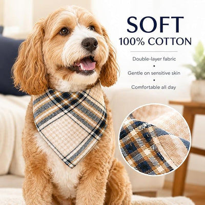 Dog Bandana Beige and Navy Blue Plaid for Pets - Soft & Comfortable, Machine Washable, Adjustable Size,Medium