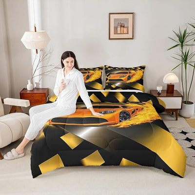 Erosebridal Boys Race Car Comforter Set, Cool Speed Sports Car Bedding Set Full Size for Kids Teens Adult Men, Extreme Sport Quilted Duvet Automobile Checkered Duvet Sets for Bedroom