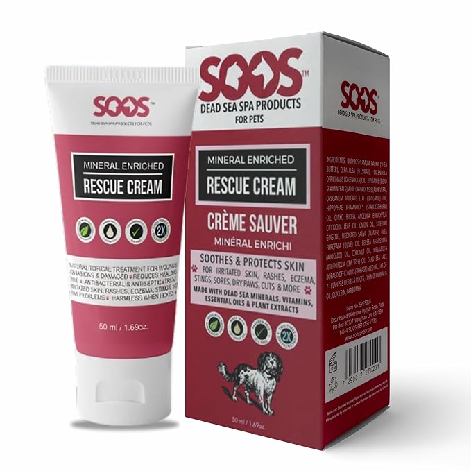 Soos Pets Pet Rescue Cream for Dogs and Cats | Natural Dead Sea Mineral Enriched | Fast Absorbing Reduce Pain | Topical Treatment of Injuries Cuts Sores Wounds Scratches damaged skin - 50ml