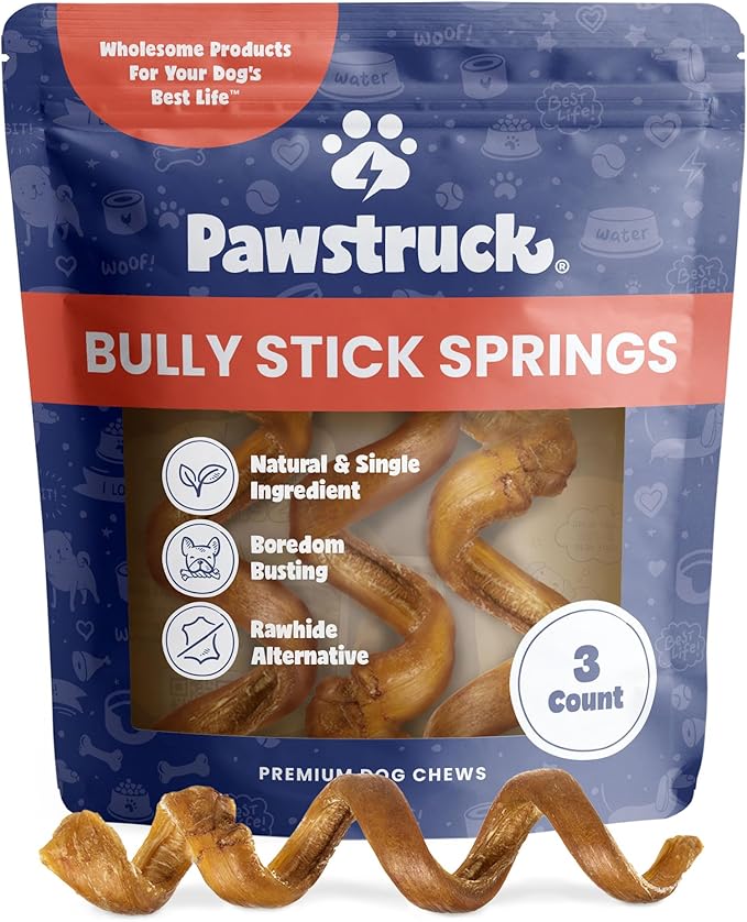 All-Natural 6" Bully Stick Springs for Dogs - Fun, Challenging, Rawhide-Free, 100% Beef, Single Ingredient Chew Bones - Fully Digestible, Low Odor - 3 Pack - Packaging May Vary