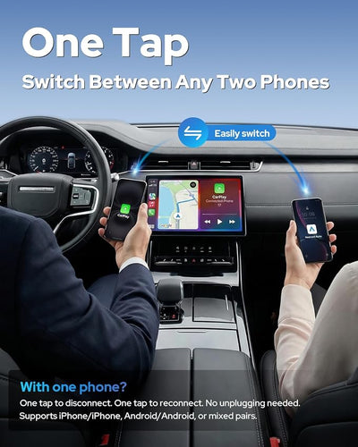 2-in-1 Wireless CarPlay & Android Auto Wireless Adapter, One-Click Switch for Apple iPhone and Android, Converts Wired to Wireless, Plug and Play for USB/USB-C, Compatible with 1000+ Vehicles