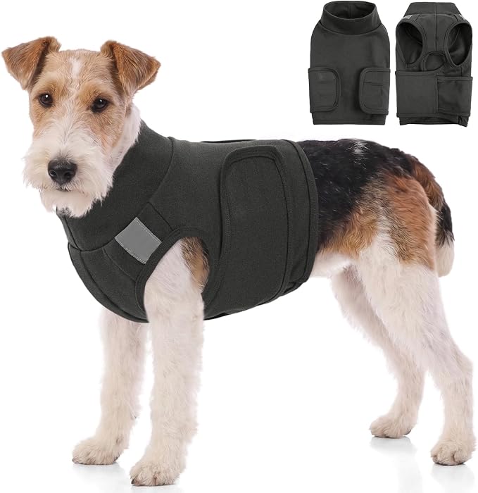 AOFITEE Dog Calming Vest, Adjustable Dog Anxiety Vest Hoodie, Dogs Thunder Jacket for Fireworks, Thunder, Travel, Separation, Stress Relief Dogs Calming Shirt with Reflective Trims Grey XS