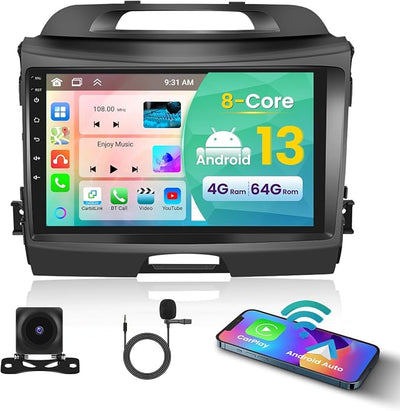 [8-Core 4+64G] Android 15 Car Stereo for Kia Sportage 2010-2016, 9" Touch Screen Sportage Car Radio with Wireless CarPlay Android Auto GPS Mirror Link 5Ghz WiFi Bluetooth FM/RDS EQ Backup Cam+MIC