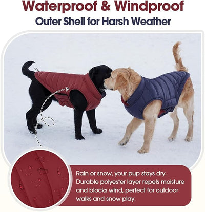 QBLEEV Reversible Dog Coat for Medium Dogs, Waterproof Windproof Winter Jacket Keeps Dogs Warm in Snow, Adjustable Hook & Loop Lightweight Dog Puffer Vest, Wine Red, L – Fits French Bulldog