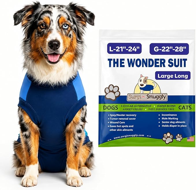 Surgi Snuggly Dog Surgery Recovery Suit – Dog Onesie for Post Surgery Recovery, Female Spay & Male Neuter – Surgical Suit for Dogs, E-Collar Cone Alternative, Double Blue - Large Long - 21" - 24" (EC)