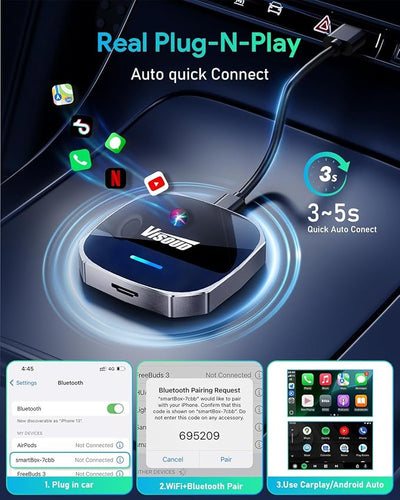 Wireless CarPlay Adapter Support Net-Flix & YouTube, 3s Fast Auto-Connect Magic AI Box, 5.8GHz WiFi Zero Delay Car Play Wireless Adapter, USB-C/USB-A, Plug & Play for Apple iPhone & Android Auto