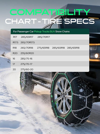 YHTAUTO Set of 2 Snow Chains 16mm Easy Installation for Pickup Truck SUV Passenger Car Tire Chains Auto-Tightening Alloy Steel Emergency Reusable Anti-slip Traction in Snow, Mud, Sand