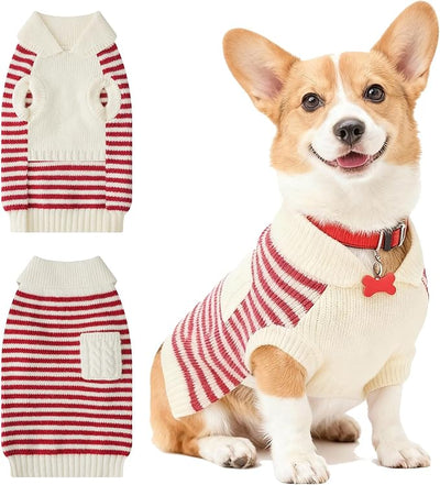 Small Dog Sweater, Knitted Striped Pullover Dog Clothes for Cold Weather, Thick Warm Cozy Stretchy Sweater for Chihuahua, Bulldog, Dachshund, Pug(Red & White Strip, L)
