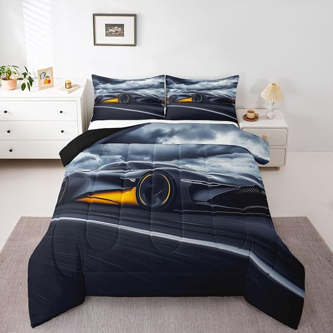 Erosebridal Boys Racing Car Comforter Set - King Size Sports Car Bedding - Quilt, Duvet Insert for Kids, Teens & Adults - Gray