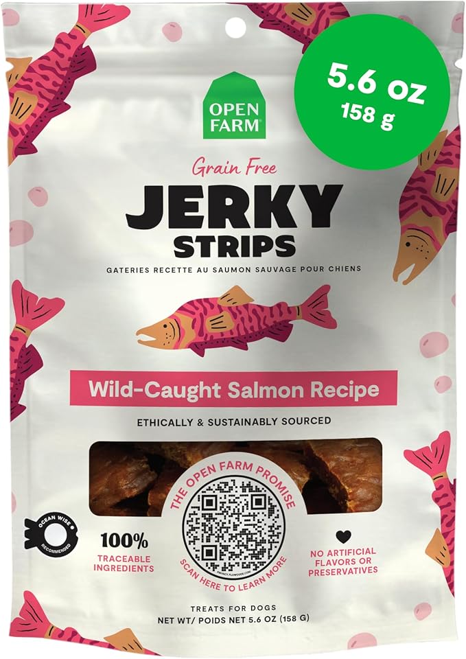 Dog Jerky Treats, Soft & Chewy Oven-Baked Jerky Strips Made with Ethically & Sustainably Sourced Ingredients, Protein Packed Dog Treats, Grain Free Wild Caught Salmon Recipe, 5.6oz Pouch