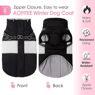 AOFITEE Dog Coats for Large Dogs, Dog Winter Coat, Dogs Coat with Harness Built in, Reflective Waterproof Pet Jacket with Furry Collar, Warm Fleece Pet Sweater for Doberman, Great Dane, Black XXL