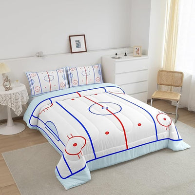 Erosebridal Teens Hockey Comforter Set, Kids Boys Ice Hockey Field in Blue Tones and Red Graphic Outline for Sport Events Down Comforter, Decorative 3 Piece Bedding Set with 2 Pillow Cases, Full Size