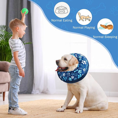 SCENEREAL Dog Cone Alternative After Surgery Donut Collar, Soft Pet Recovery Pillow Collar for Medium Large Dogs, Inflatable Adjustable Neck Collars to Prevent Licking, Blue Footprints S