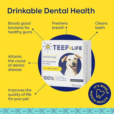 TEEF for Life Protektin42 Prebiotic Dog Dental Powder Refill - 180 Servings (6 Packets) Tasteless Natural Water Additive for Dogs, Teeth Cleaning, Bad Breath, Tartar & Plaque Remover, 4-Ingredients