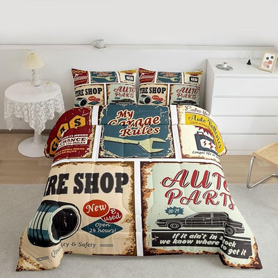 Vintage Car Signs Comforter Set For Boys, Automobile Pattern Down Comforter, Repair Vehicle Garage Bedding Set Twin Size For Kids Girls Teens, Classics Servicing Duvet Insert Bedroom Decor