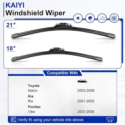 KAIYI 21" + 18" Windshield Wipers Compatible with Toyota Matrix 2003-2008,Kia Rio 2001-2005,Pontiac Vibe 2003-2008 Premium Automotive Replacement Windshield Wiper Blades 2 Pack