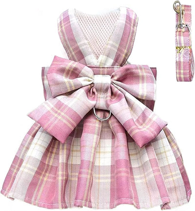 PETCARE Plaid Dog Dress Bow Tie Harness Leash Set for Small Dogs Cats Girl Cute Princess Dog Dresses Spring Summer Puppy Bunny Rabbit Clothes Chihuahua Yorkies Pet Outfits,Chest 19"