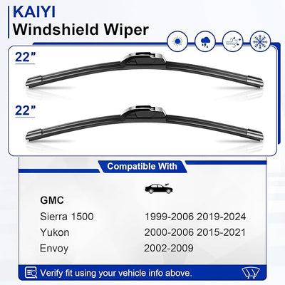 KAIYI 22" + 22" Windshield Wipers Compatible with GMC Sierra 1500 1999-2006 2019-2024,Yukon 2000-2006 2015-2021,Envoy 2002-2009 Premium Automotive Replacement Windshield Wiper Blades 2 Pack
