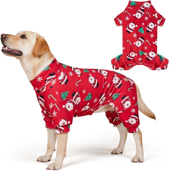 Christmas Dog Pajamas Santa Claus Turtleneck Dog Pjs for Medium Dogs Holiday Pet Onesie Soft Velvet 4 Legs Cozy Pet Sleepwear Warm Doggie Christmas Outfit, XX-Large