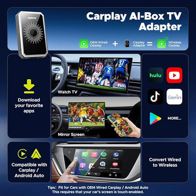 LAMTTO Wireless CarPlay Adapter with Gemini AI, 4GB+32GB Magic Box with Full Google Play Access—Download Streaming Apps, Games, Support Android Auto, OTA, HDMI, Airplay, USB Drive Media Playback