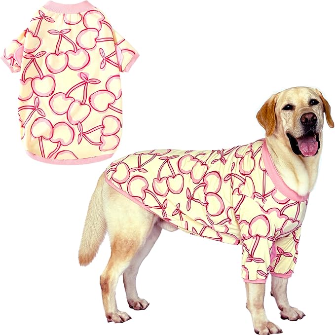 Dog Cherry T Shirts Pink Long Sleeve White Shirt Pajamas Pets Soft Cotton Apparel Clothes for Large Dogs, XL Cherry