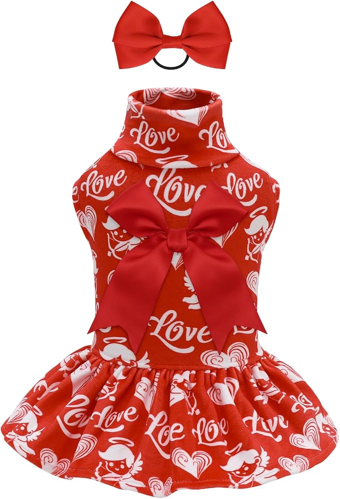 CuteBone Turtleneck Dog Velvet Dress Valentine's Day Puppy Skirt Costume Pet Clothes Cat Apparel with Bow Hair Rope for Small Dogs CVD19XS