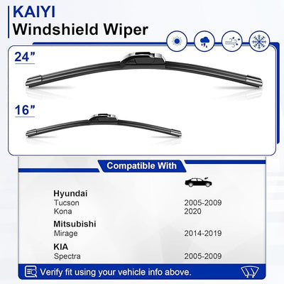 KAIYI 24" + 16" Windshield Wipers Compatible with Hyundai Tucson 2005-2009,Mitsubishi Mirage 2014-2019,KIA Spectra 2005-2009 Premium Automotive Replacement Windshield Wiper Blades 2 Pack
