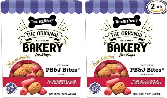 Soft Baked PB&J Bites Dog-Treats, Peanut Butter and Strawberry Flavor, Soft and Chewy Dog Cookies, Baked in The USA, 13 oz,(Pack of 2)