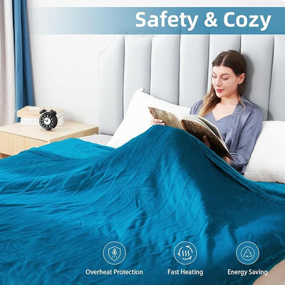 Eydna Electric Heated Blanket Twin Size 62"x84", Fast Heating Throw, Soft Plush Microplush for Bed & Couch, 10Hs Auto Off & 5 Heating Levels, Machine Washable, Gifts for Womens & Family-Blue Green