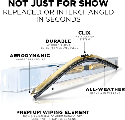 Clix Wipers - 16" Gold Chrome Automotive Replacement Wiper Blade (Pack of 1) Universal Clip On All-Weather Flex Frame Windshield Wiper