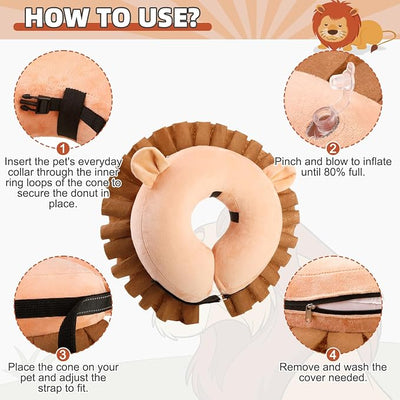 KOOLTAIL Inflatable Dog Cone Collar, Soft Donut E Collar for Dogs After Surgery to Stop Licking Enhanced Alternative, Blow Up Pet Neck Pillow Recovery Adjustable Cone for Dog Cat, Lion M