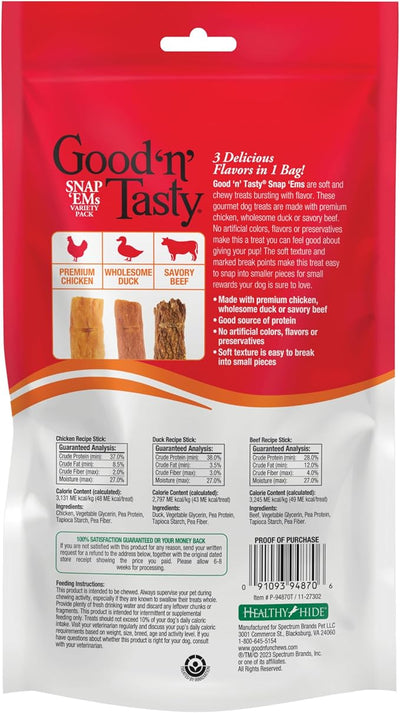 Good ‘n’ Tasty Triple Flavor Snap ‘EMS Gourmet Treats Variety Pack for All Dogs, 15 Count, Reward or Training Treat Made with Real Chicken, Duck and Beef