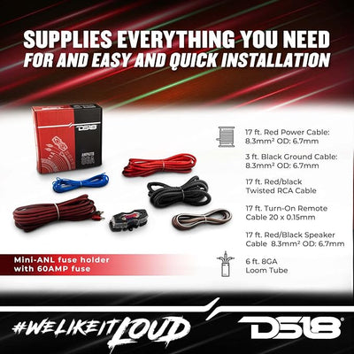 DS18 AMPKIT8 8 Gauge Amp Kit Amplifier Install Wiring 8 Ga Pro Installation Cables, 800 w (8 Gauge)