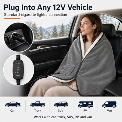 Sojoy 12V Heated Car Blanket with Zipper Wearable Design, Flannel Sherpa Electric Blanket for Car Truck SUV RV Van, Portable Heated Shawl, Dark Gray