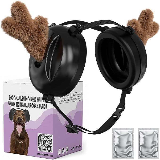 Dog Ear Muffs Noise Protection, Oval Design for Dogs Noise Cancelling for Fireworks Thunder, with Antlers & Calming Scent Pads, Dog Anxiety Ear Muffs for Medium Large Dogs