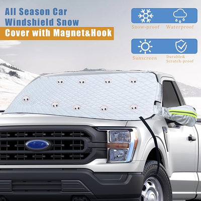 Car Windshield Snow Ice Cover with Side Mirror and Hook,Magnetic Windshield Cover for Ice and Snow,Car Windshield Sun Shade Foldable,Fit for Large SUV/Pickup/Truck/MPV(Silver-65 x49)