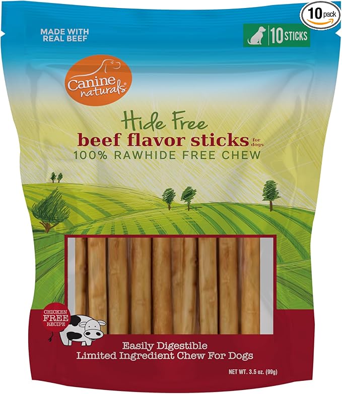 Beef Chew - Rawhide Free Dog Treats - Made With Real Beef - Poultry Free Recipe - All-Natural and Easily Digestible - 10 Pack of 5 Inch Stick Chews