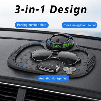 Multifunctional Car Anti Slip Mat, 360° Rotatable Phone Holder Dashboard Pad with Temporary Parking Number, Anti Skid Organizer for Phones Sunglasses Keys (Black & Gray)