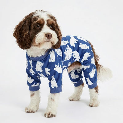 Fitwarm Polar Bear Dog Pajamas, Dog Clothes for Small Dogs Girl Boy, Pet Onesie with Feet, Cat Outfit, Lightweight Velvet, Royal Blue, White, Medium
