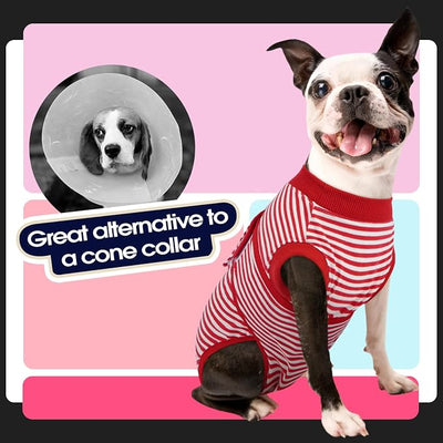 FUAMEY Dog Recovery Suit Male,Dogs Surgery Neuter Suits Puppy Spay Shirts for Female Protect Dog's Skin Anti Licking Abdominal Wounds Doggie Onesie Pet Bodysuit Alternative to Cone Red Stripes XS