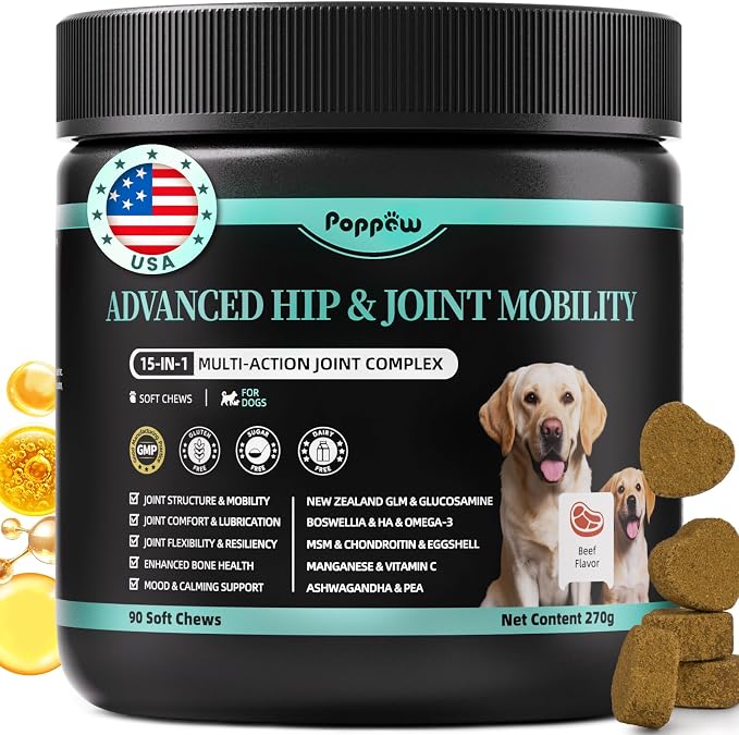 Advanced Dog Joint Supplement – 15-in-1 Glucosamine for Dogs with Chondroitin, MSM & Green Lipped Mussel – Hip & Joint Pain Relief Mobility Chews, Beef Flavor, 90Ct Breeds