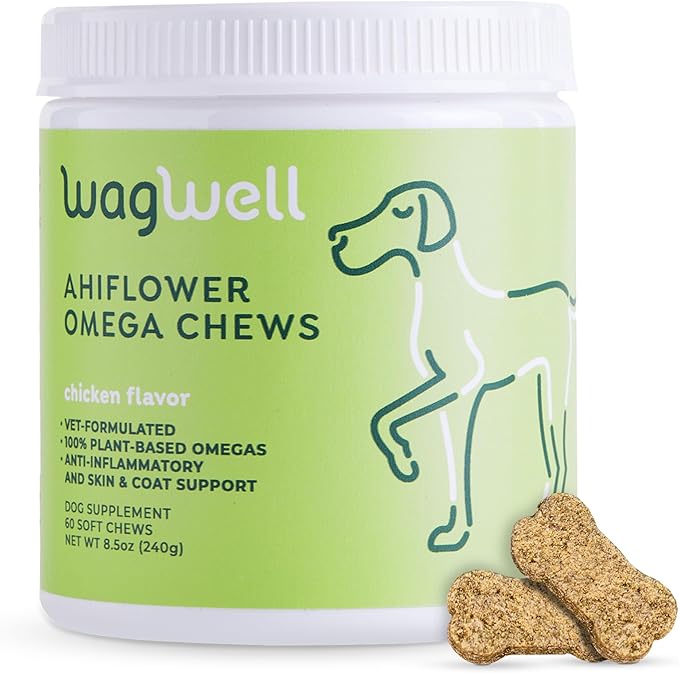 Ahiflower Omega Chews for Dogs | Vet-Formulated Health Supplement for Joints, Skin, Coat | Plant-Based Omega 3-6-9 | for Dogs of All Ages & Sizes, All Natural, Made in USA | 60 Chews