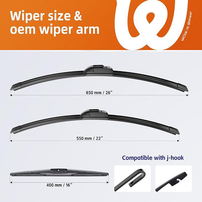 26"+22" Windshield Wiper Blades with 16" Rear Wiper Replacement for Honda Odyssey 2005-2011 2012 2013 2014 2015 2016 2017 2018 2019 2020 2021 2022-OEM Quality All-Weather J Hook(Set of 3)