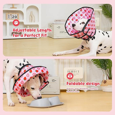 Avont Dog Cone Alternative, Adjustable Soft Comfy Foldable E Cones for Medium Large Dogs After Surgery, Escape-Proof Elizabethan Collar for Surgical Wound Recovery Stop Licking -Strawberry(S)